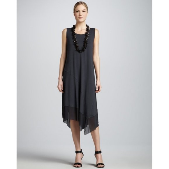 Eileen Fisher asymmetric sheer hem sleeveless dress XS black viscose jersey - Picture 2 of 10